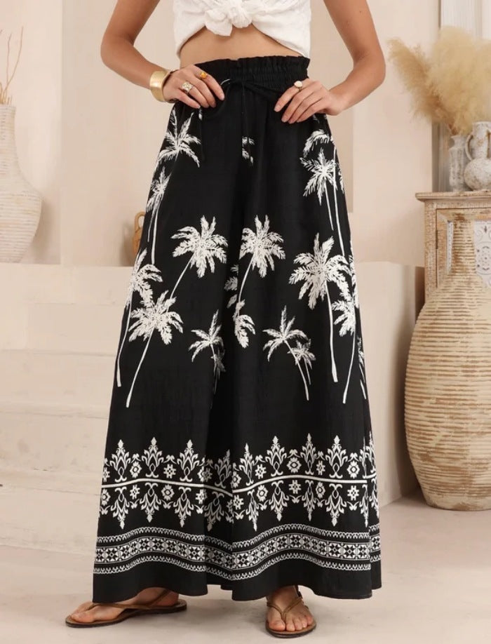 Black Paper Bag Waistband Printed Trousers
