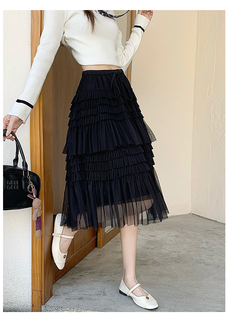 Black Sheer Tiered Midi Skirt