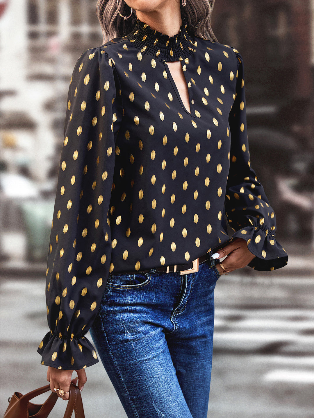 Black Full Sleeved Retro Polka Dots Top