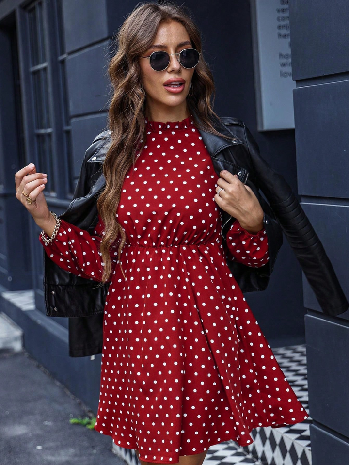 Red Printed Mock Neck Waist Fitted Dress