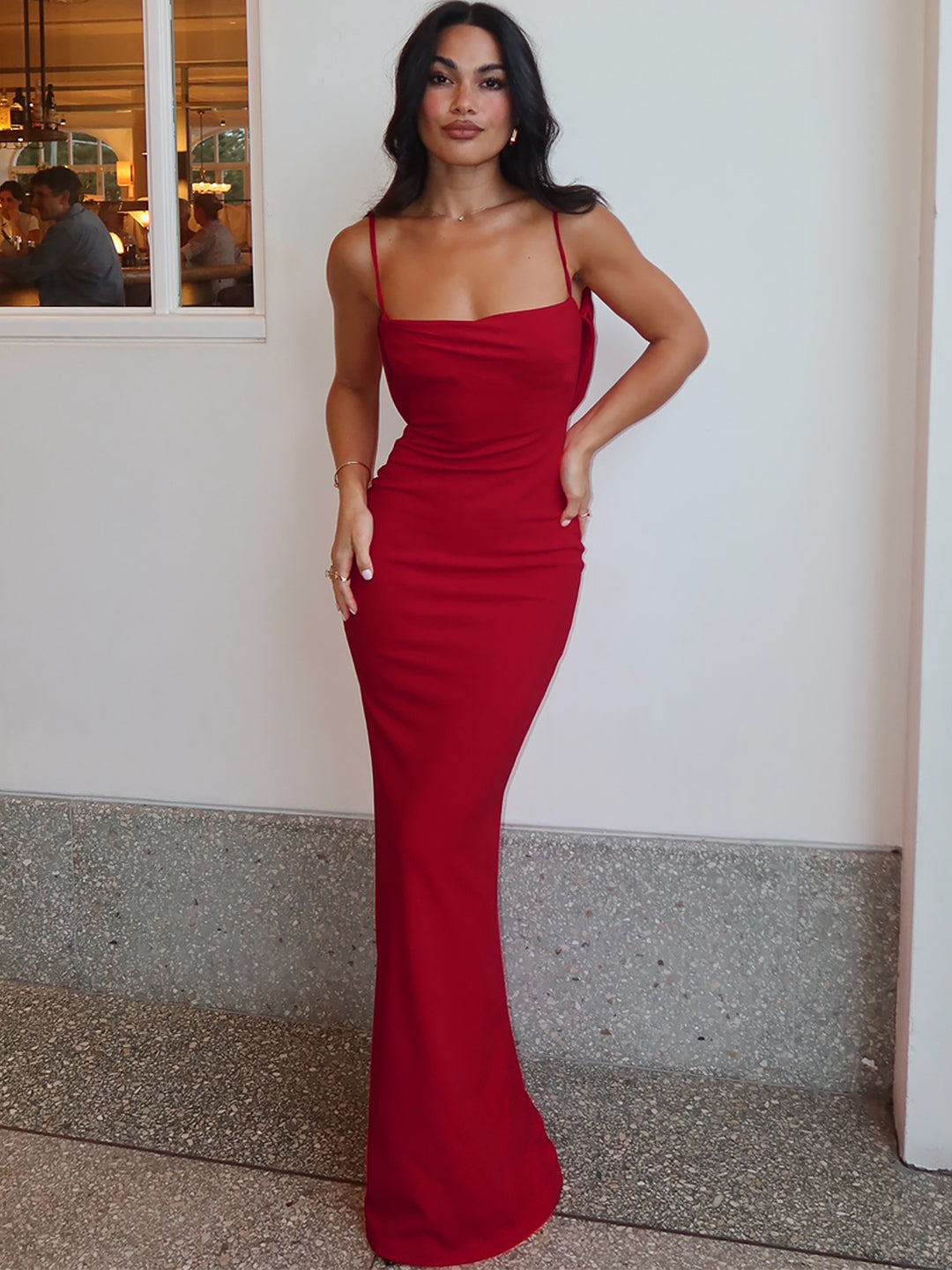 Red Square Neck Dress With Back Cowl