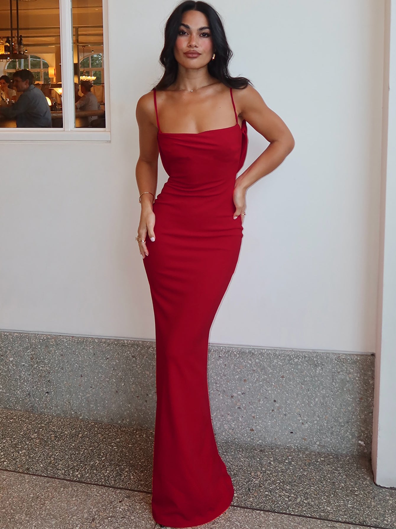 Red Square Neck Dress With Back Cowl