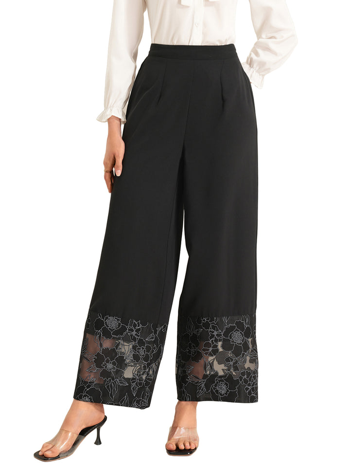 Black Wide Leg Trousers With Lace Hem