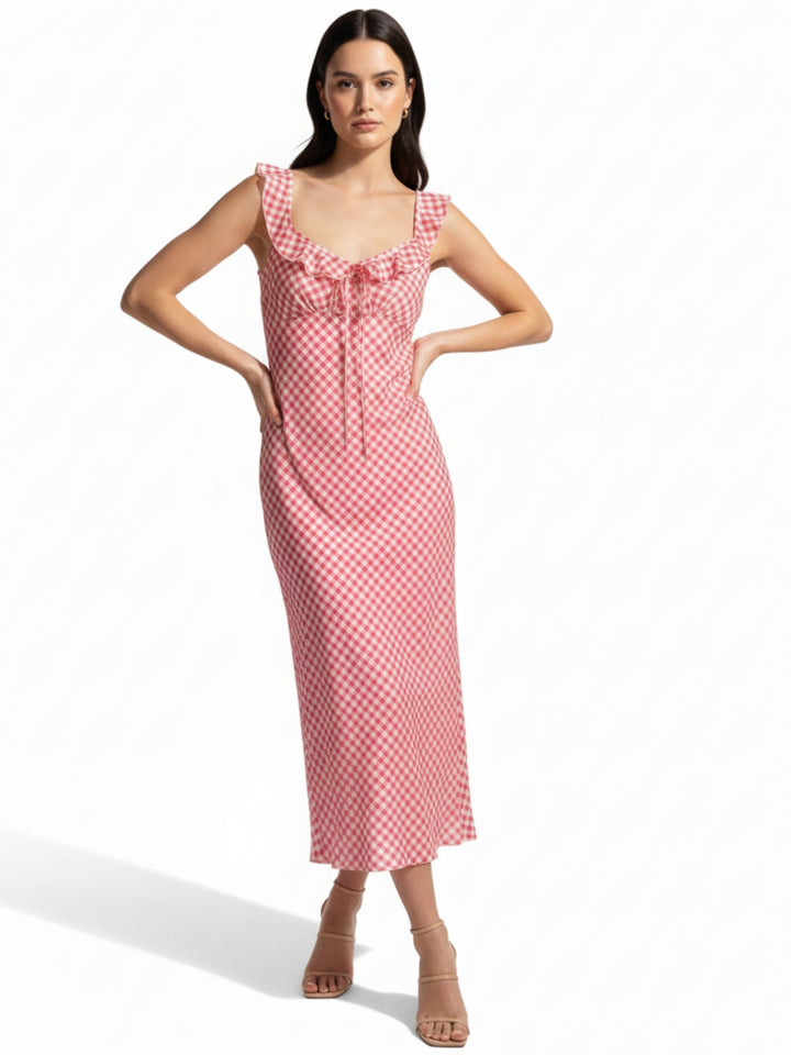 Red Checkered Ruffle Detailed Midi Dress