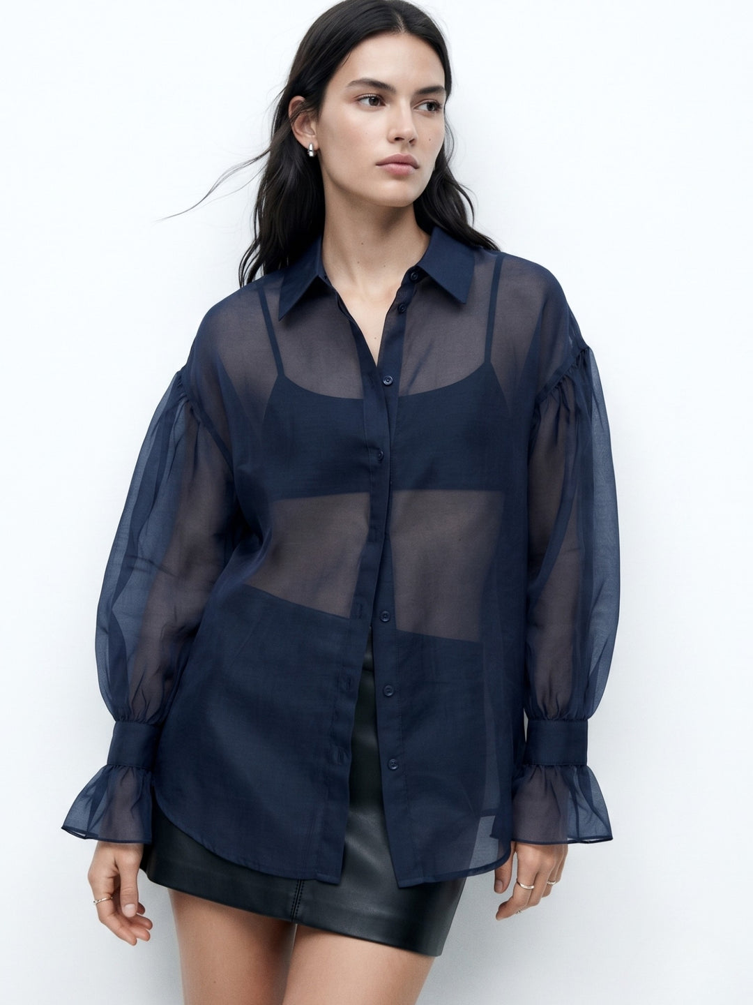 Navy Blue Flowy Shirt With Cupped Sleeves