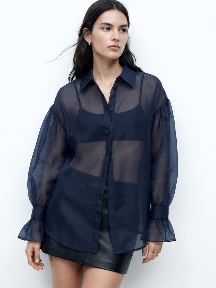 Navy Blue Flowy Shirt With Cupped Sleeves