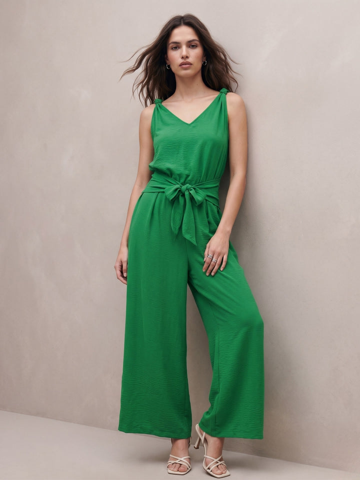 Olive Sleeveless Jumpsuit With Front Tie Up