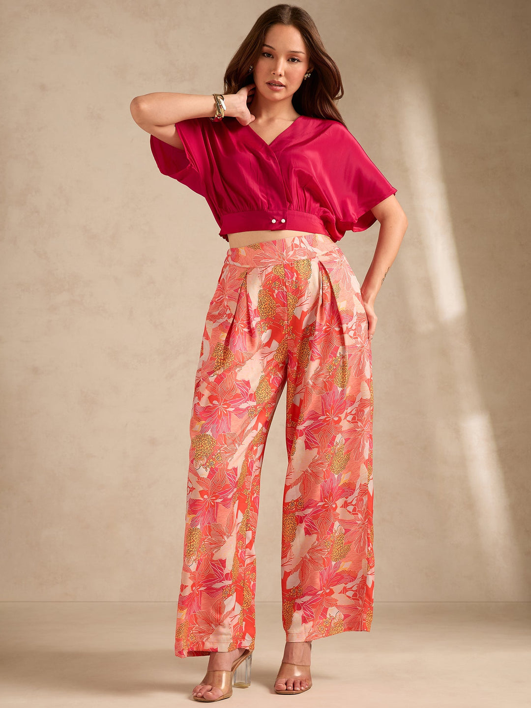 Pink Printed Solid Top With High Rise Wide Leg Trouser Co-Ord Set