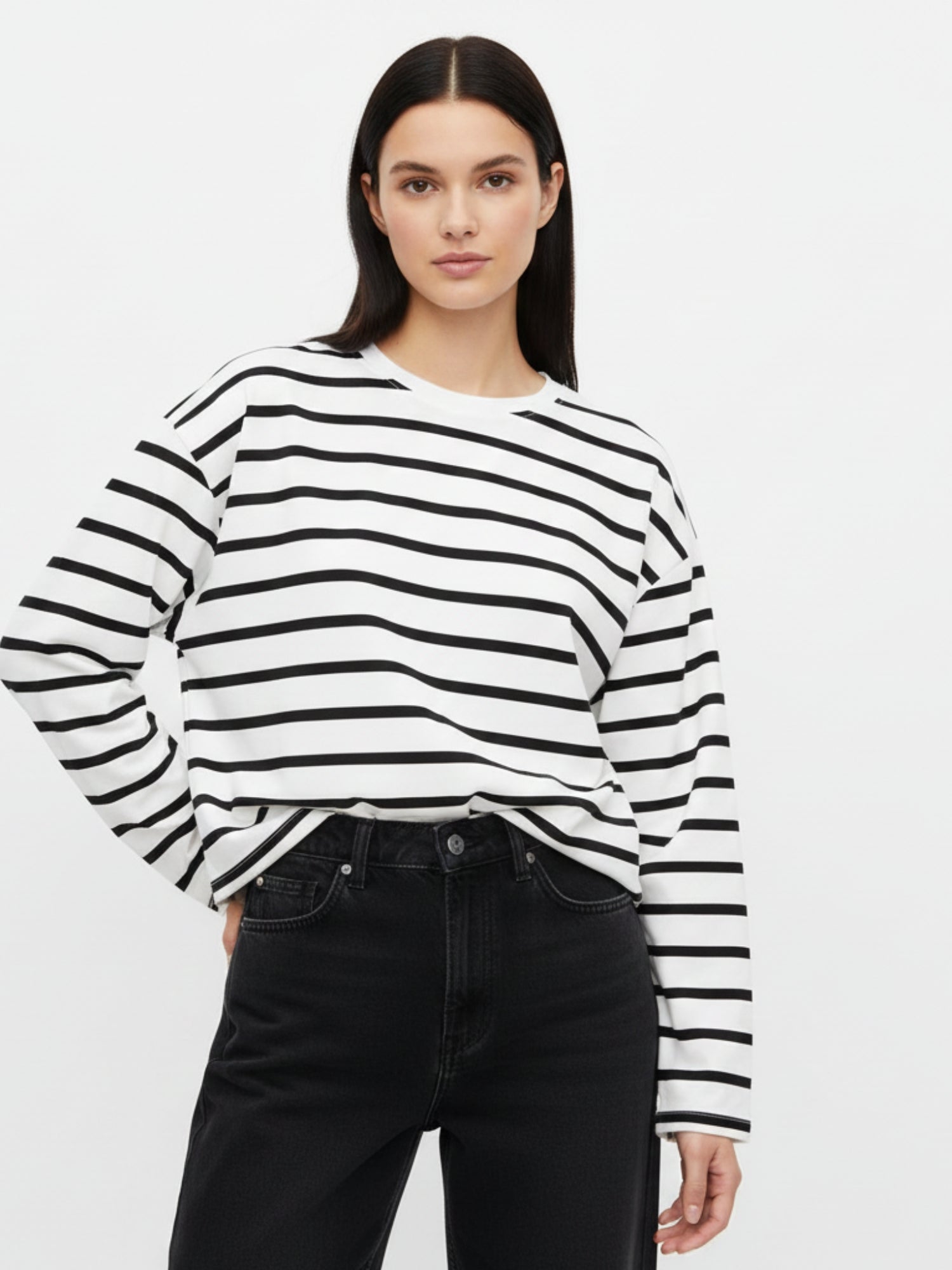 White Full Sleeve Striped Relaxed Sweatshirt