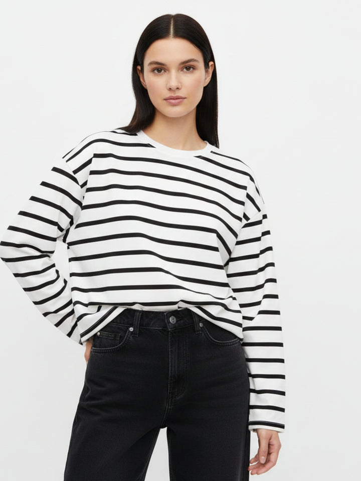 White Full Sleeve Striped Relaxed Sweatshirt