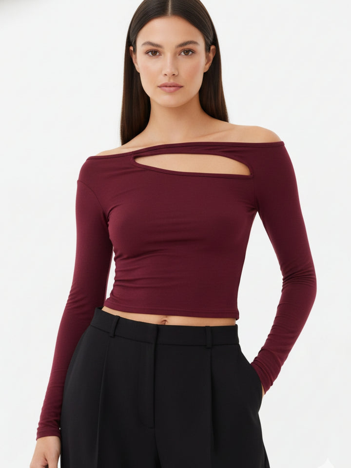 Maroon Neck Cut-Out Detail Top