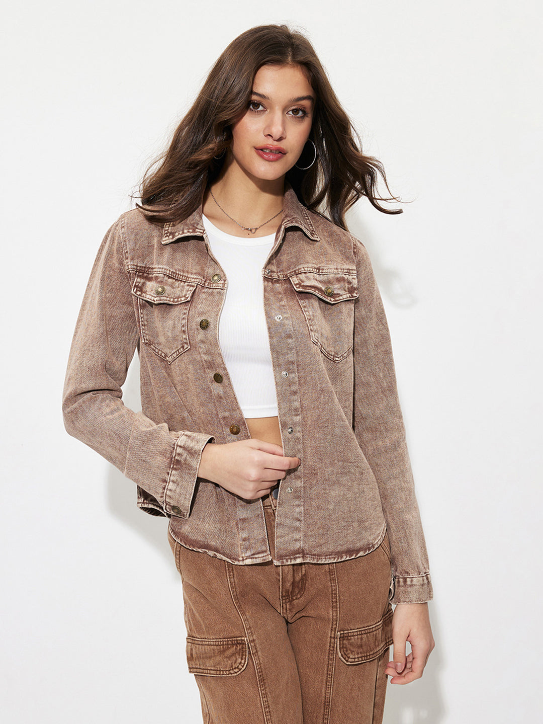Brown Coloured Washed Denim Jacket