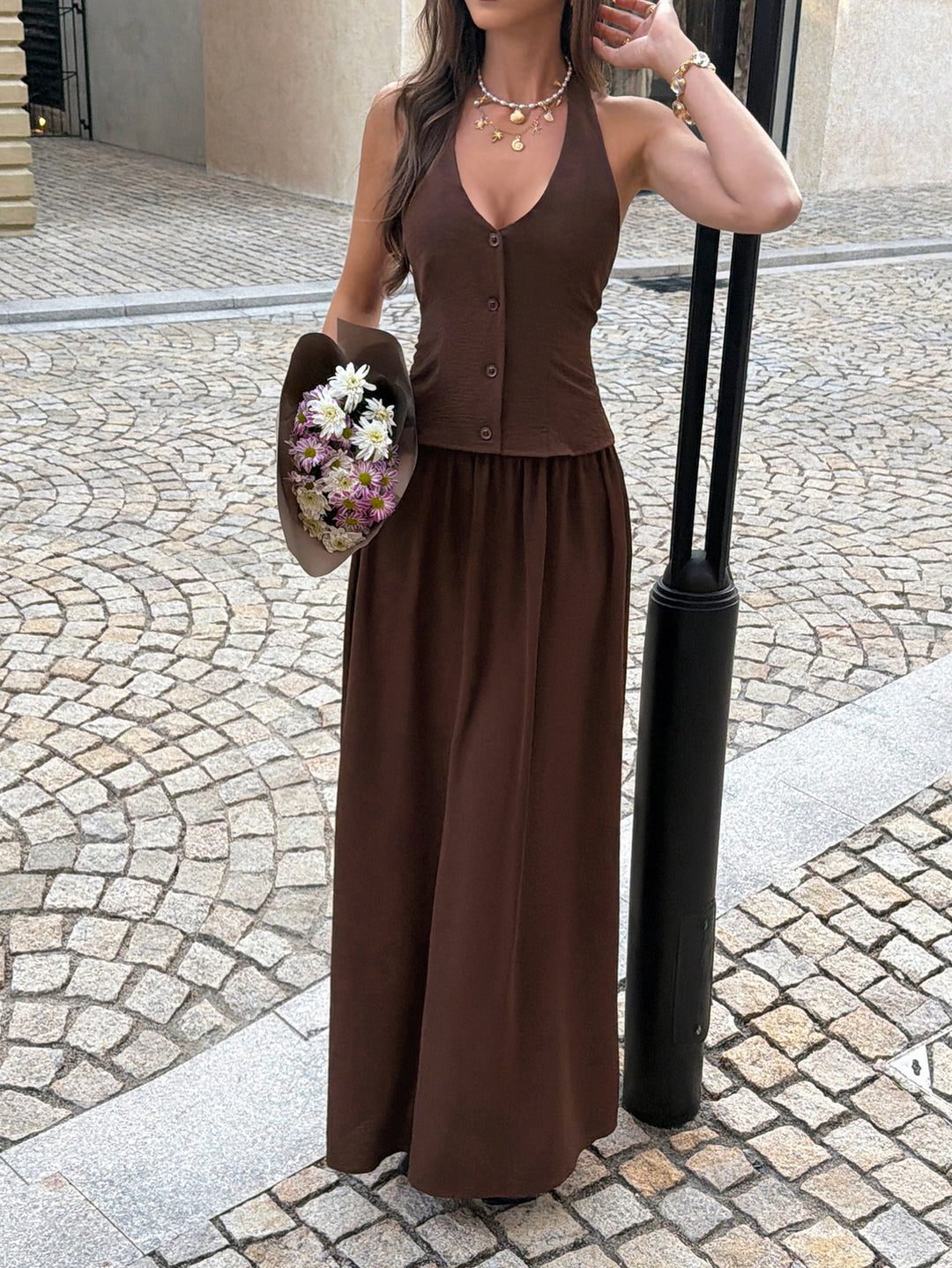 Brown Halter Neck Front Buttoned Top And Pant Set