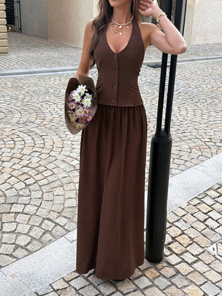 Brown Halter Neck Front Buttoned Top And Pant Set