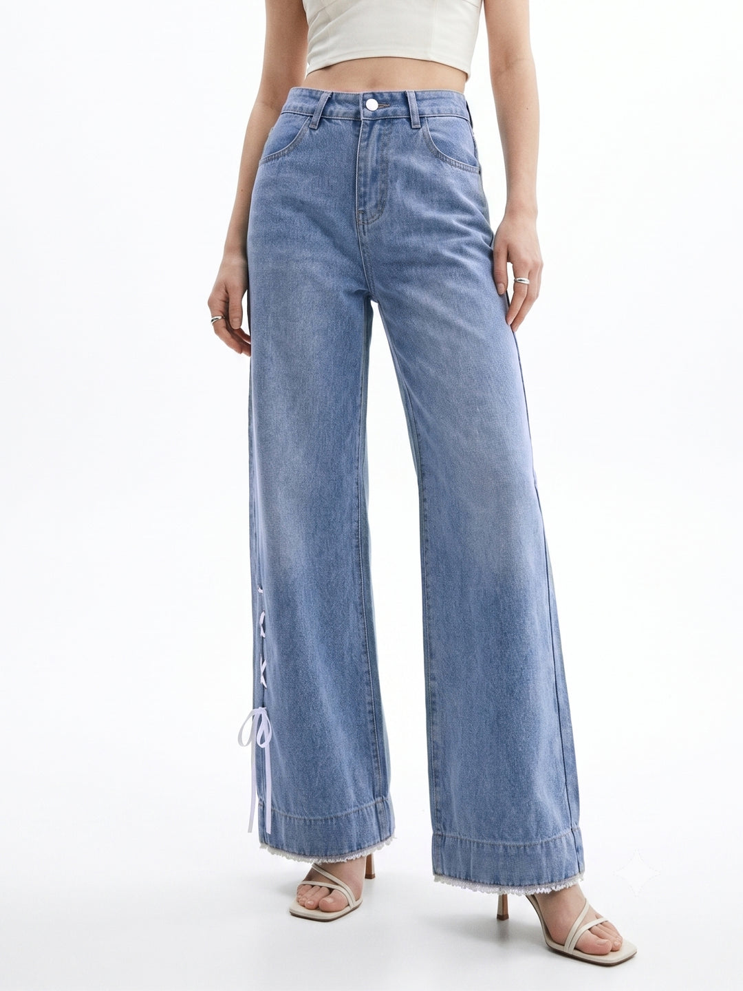 blue Tinted Baggy Jeans With Side Bow Detailing At The Hem