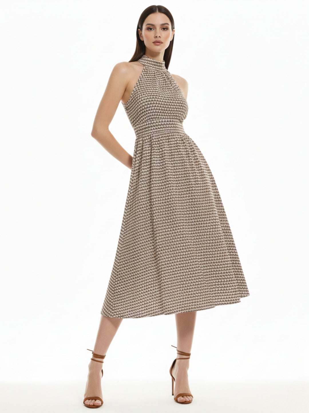 Brown Halter Neck Waist Fitted Dress