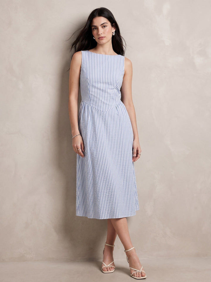 Blue Boat Neck Striped Dress With Dro Pdown Waistline