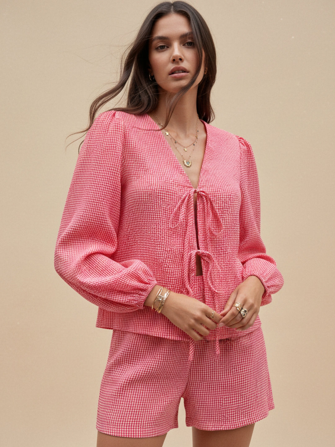 Pink Bishop Sleeve Front Bow Top And Short Set