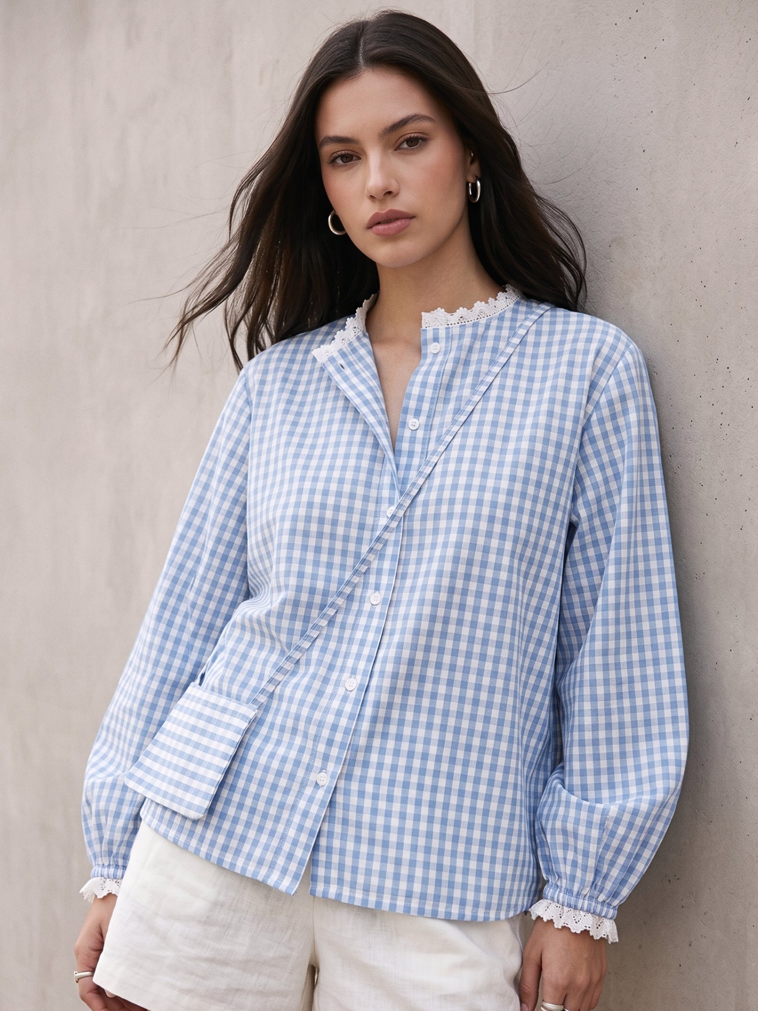 Blue Relaxed Fit Lace Detailed Ghingham Check Cotton Blouse With Self Fabric Bag