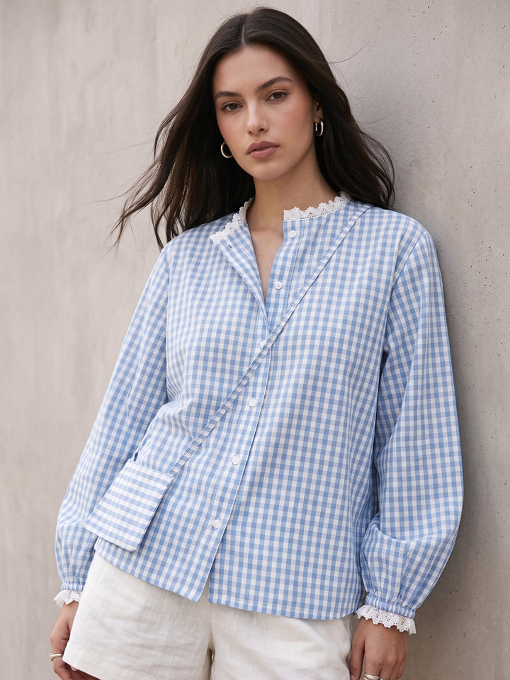 Blue Relaxed Fit Lace Detailed Ghingham Check Cotton Blouse With Self Fabric Bag