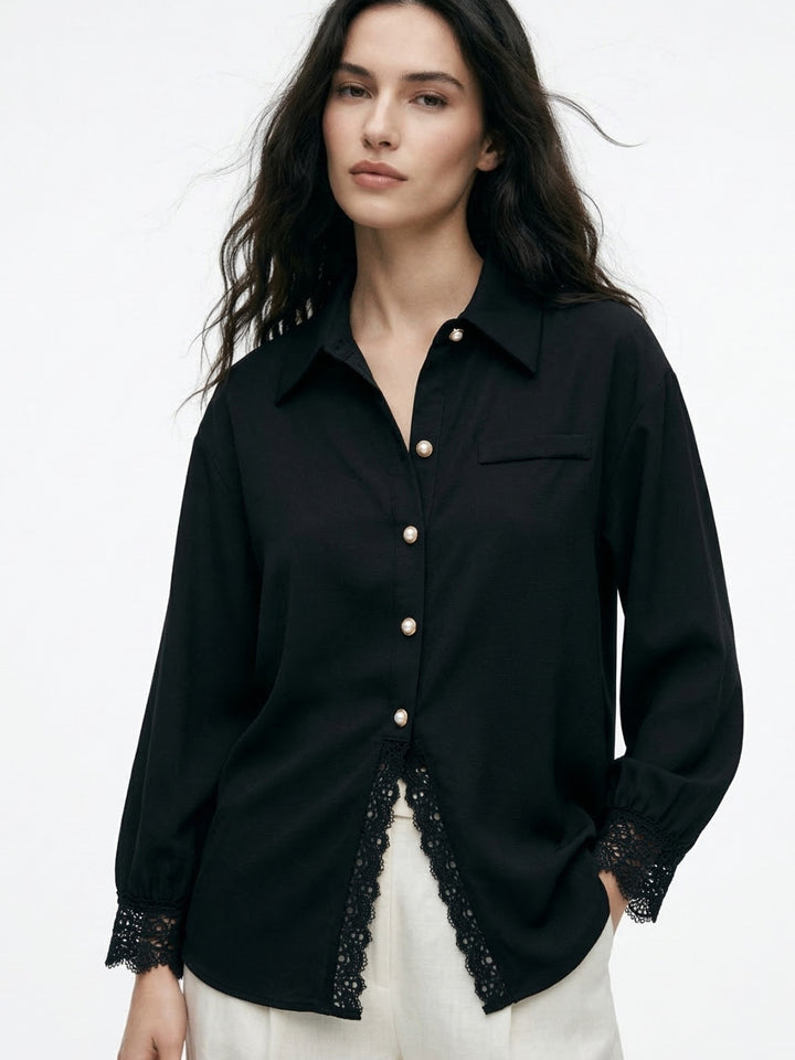 Black Lace Hem Deail Front Buttoned Shirt