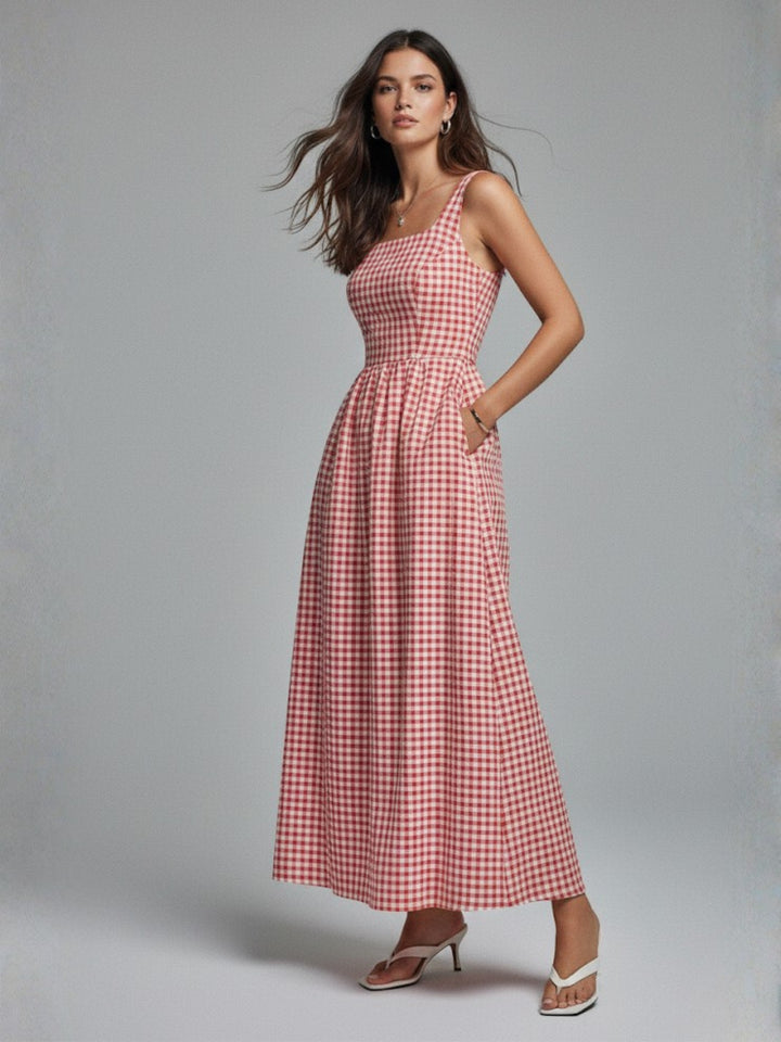 Red Striped Square Neck Cinched Waist Dress