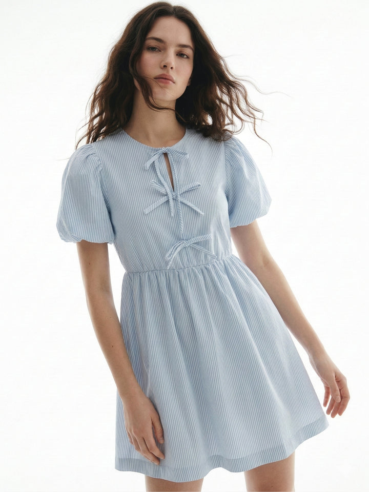 Blue Puff Sleeve Bow-Tie Dress