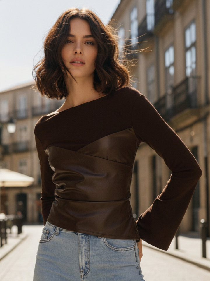 Brown Full Sleeve Pu Leather Top