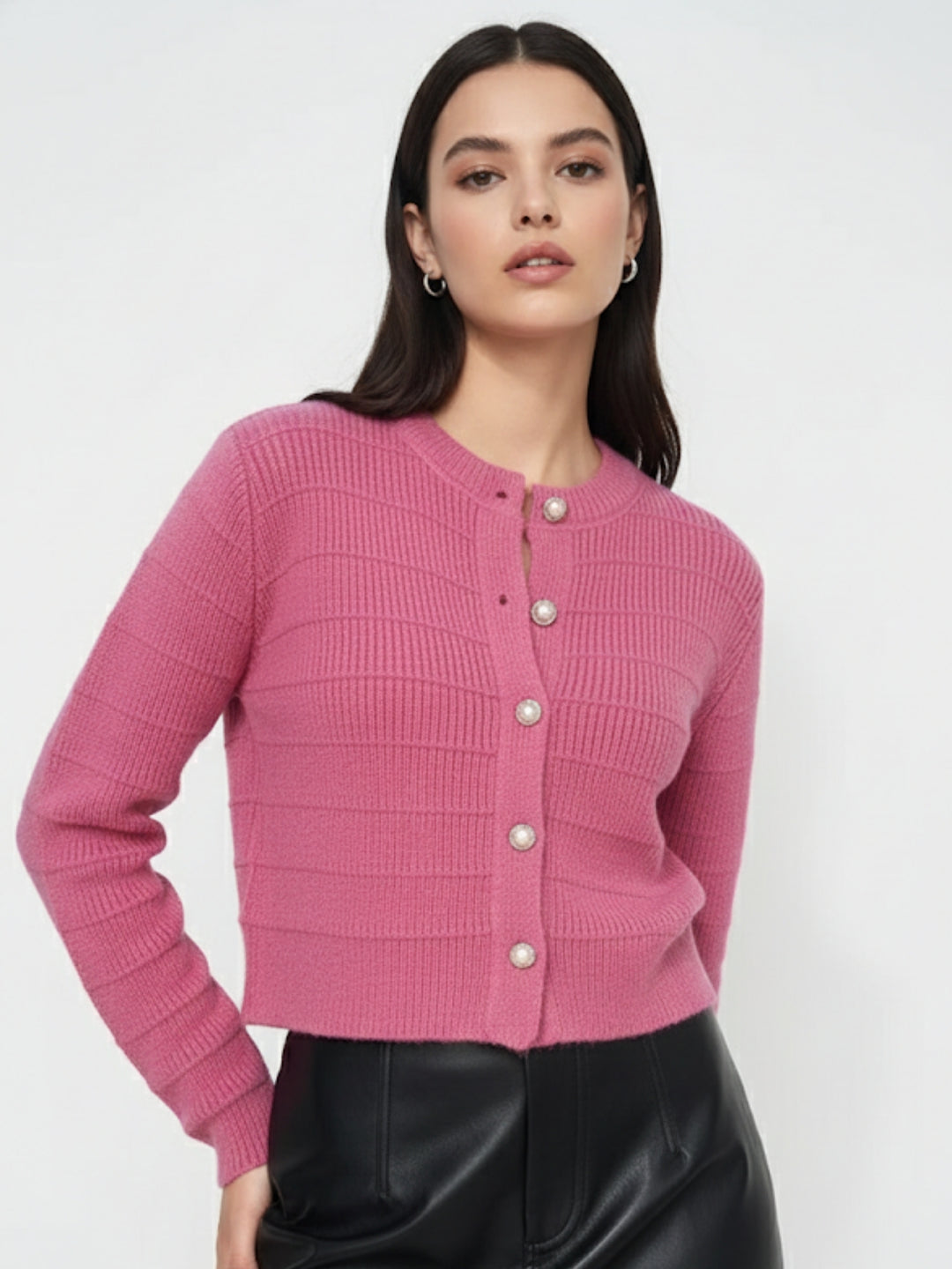 Pink Full Sleeve Textured Front Button Cardigan
