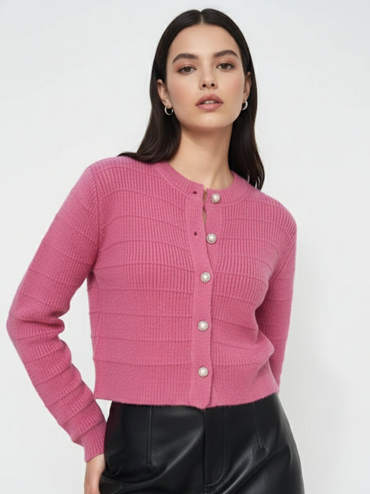 Pink Full Sleeve Textured Front Button Cardigan