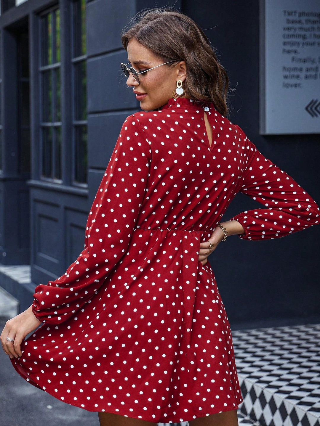 Red Printed Mock Neck Waist Fitted Dress