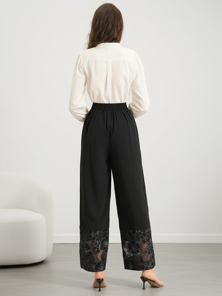 Black Wide Leg Trousers With Lace Hem