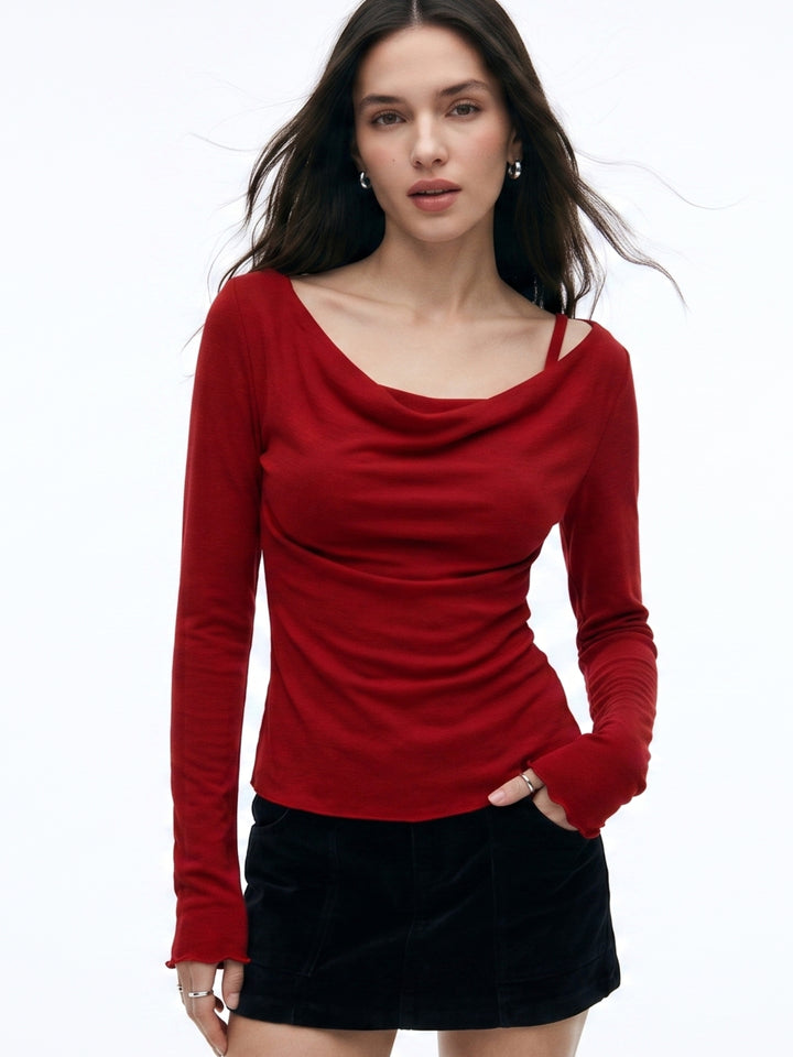 Red Cowl Neck Bell Sleeves Top