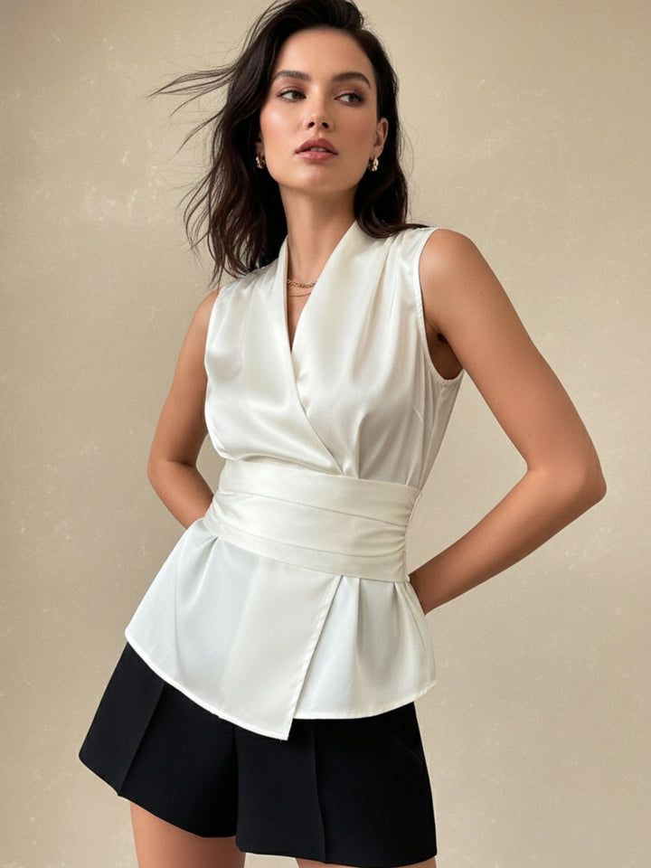 White High Neck Criss Cross Wrap Blouse