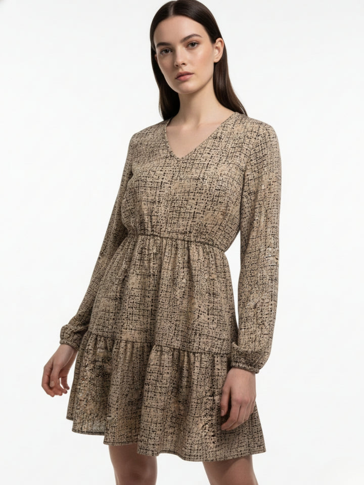 Multi Printed V Neck Cinched Waist Dress
