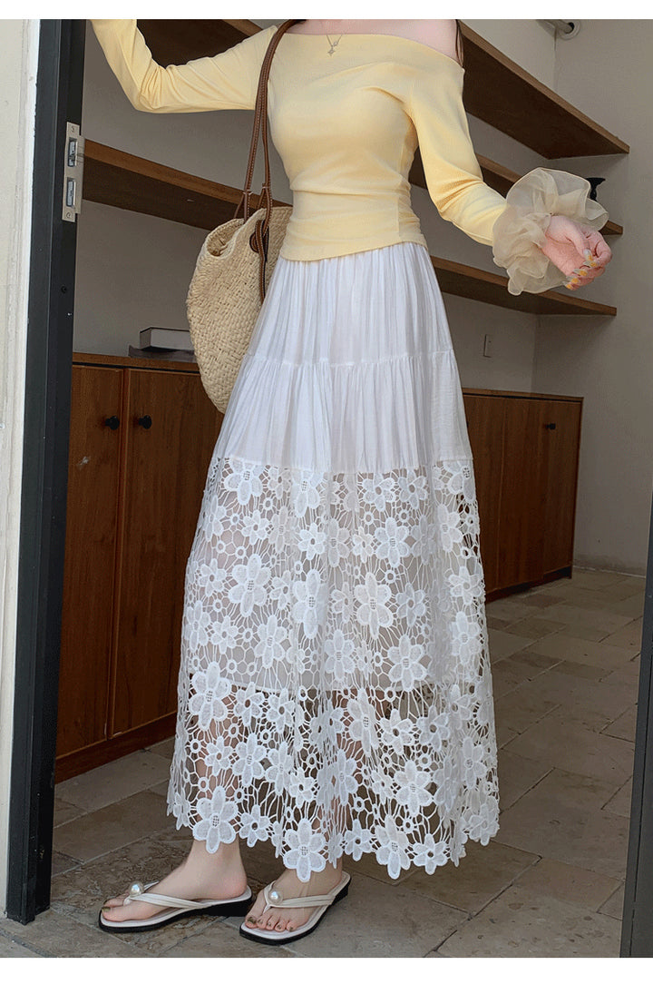 White Solid Skirt With Large Bottom Lace Hem