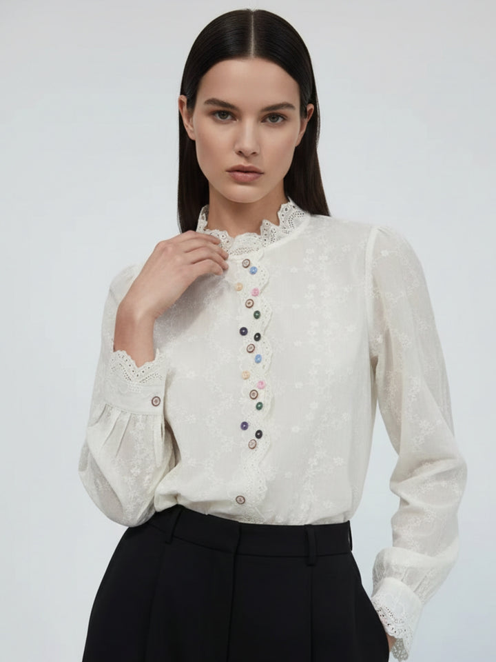 Off White Textured Ruffle Neckline Shirt