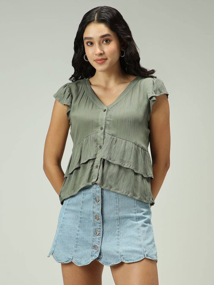 Olive Button Down Tiered Top