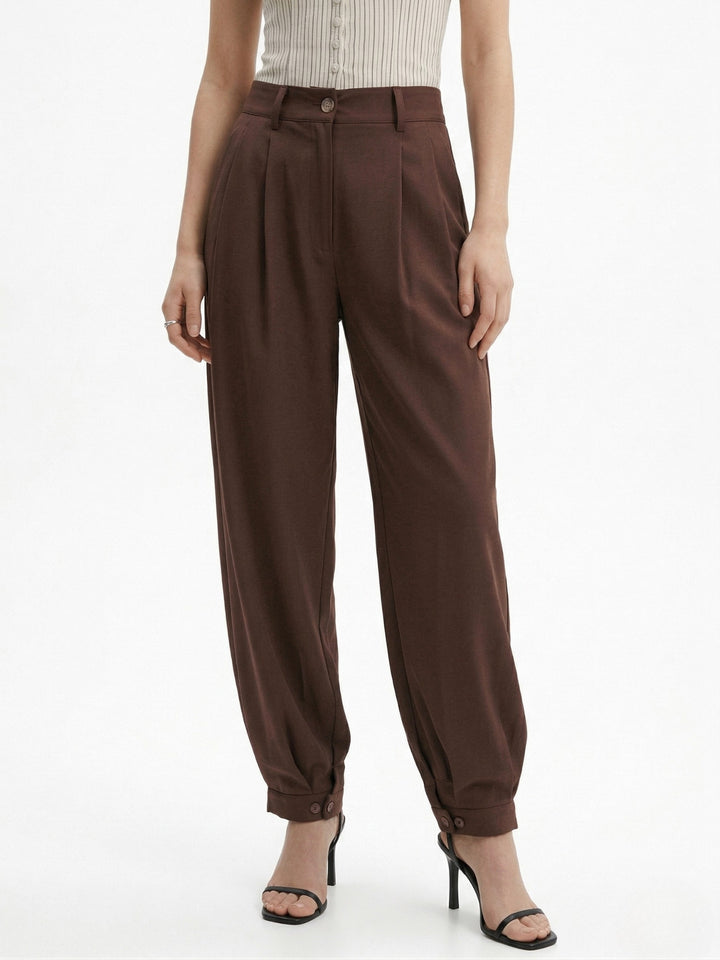 Brown High Waist Pleated Ankle Length Trousers