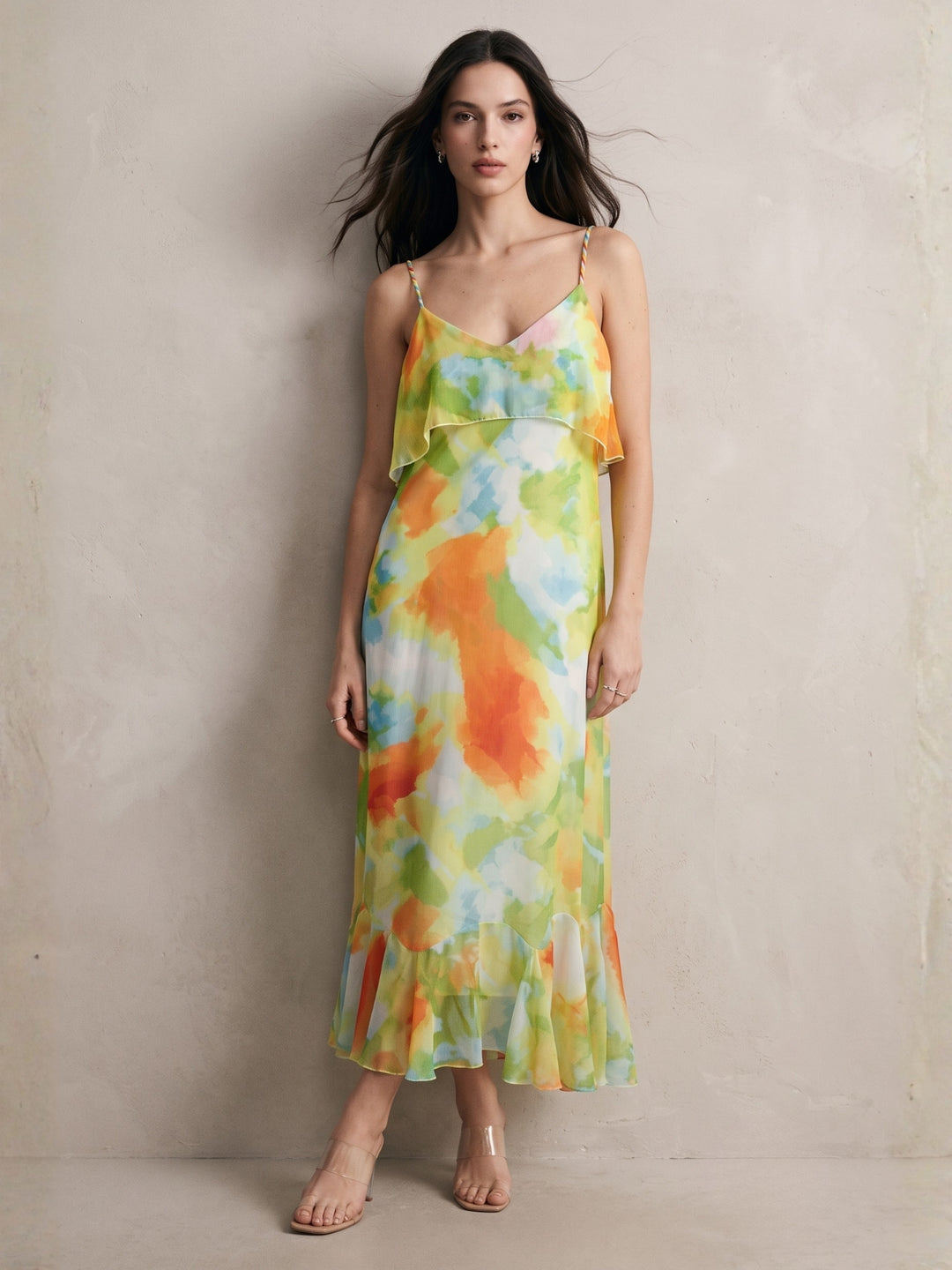 Multi Ruffle Detail Spaghetti Strap Dress