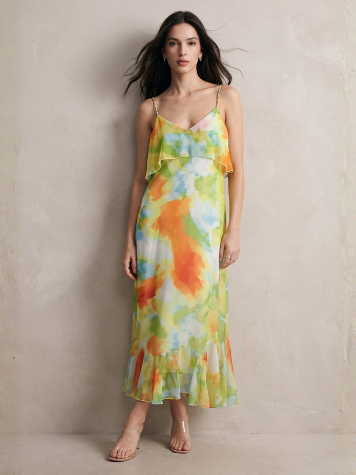 Multi Ruffle Detail Spaghetti Strap Dress