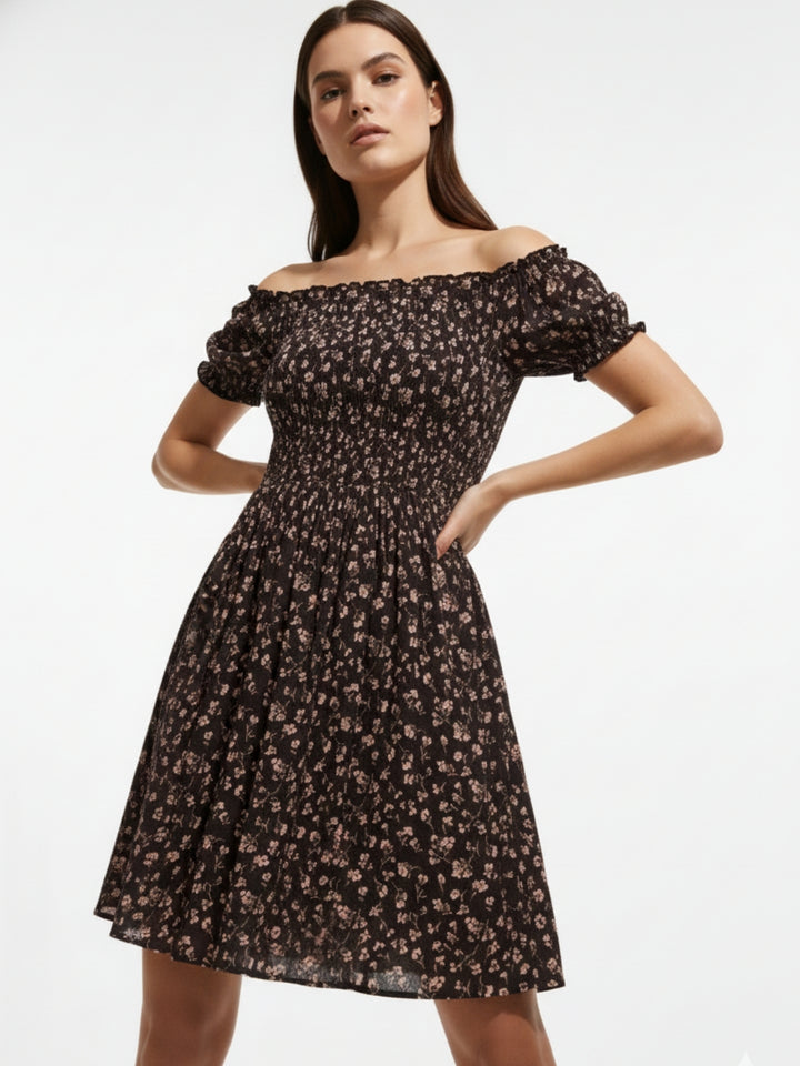 Black Off Shoulder Mini Dress With Smocking Detail