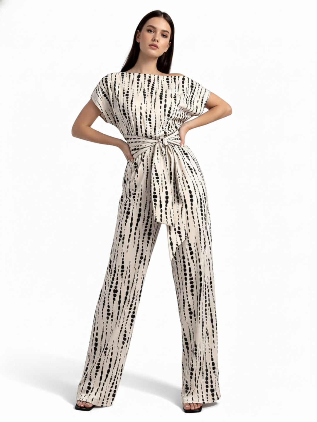 Beige One Shoulder Patterned Jumpsuit