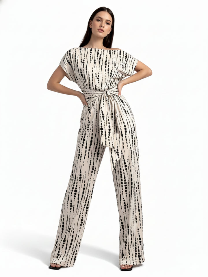 Beige One Shoulder Patterned Jumpsuit