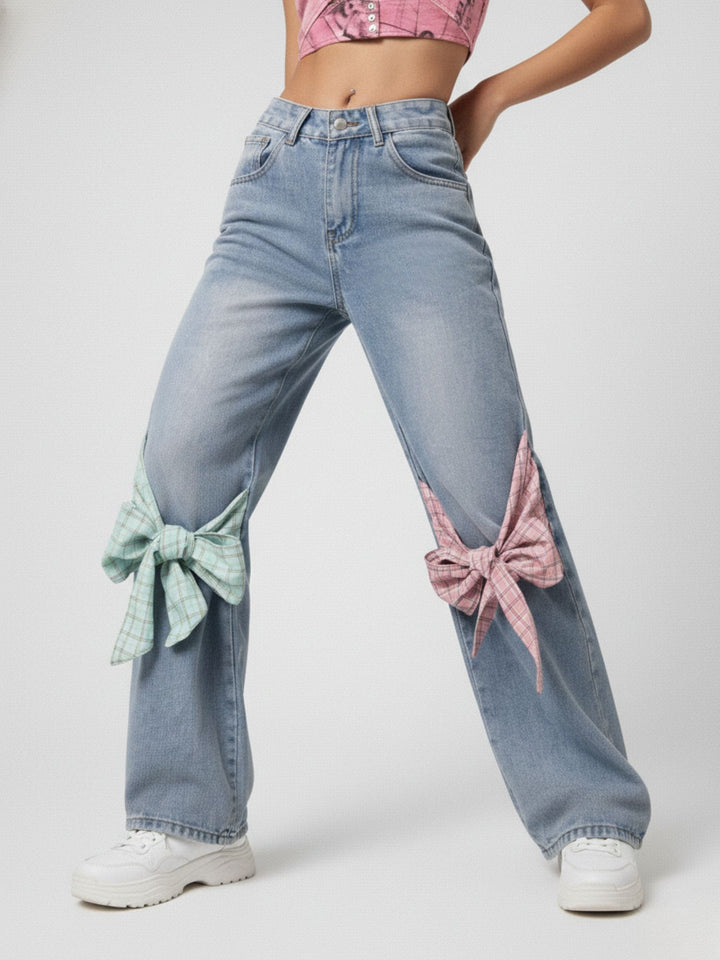 Blue 2 Contrast Bows Wide Leg Denim