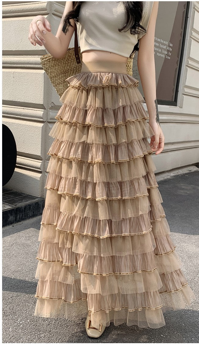 Beige Multi Ruffled Tiered Maxi Skirt