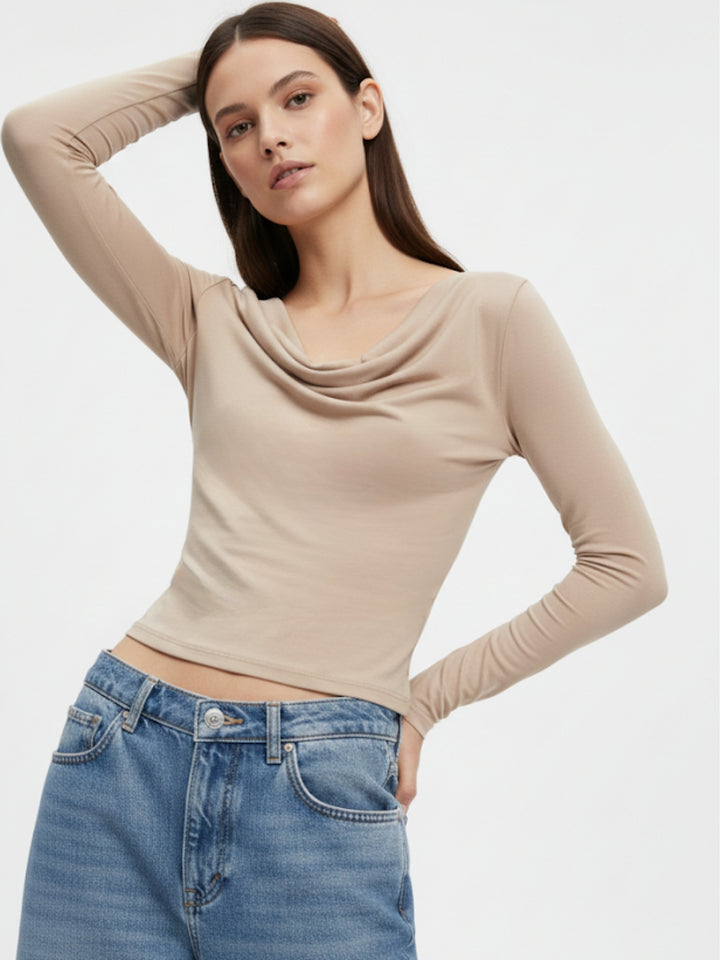 Beige Cowl Neck Fitted Top