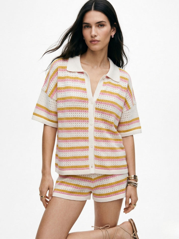 Multi Textured Striped Shirt And Shorts Co-Ord Set