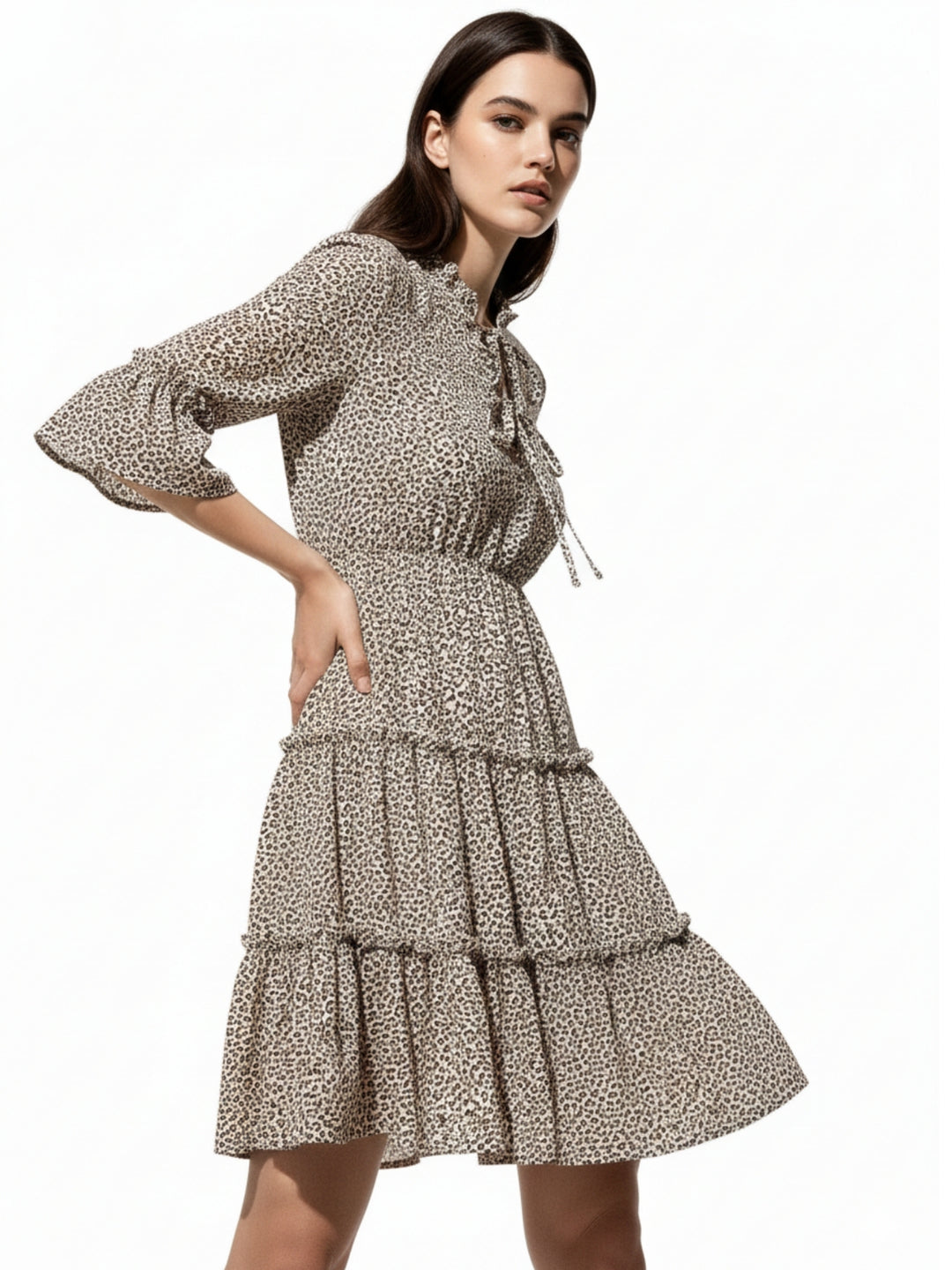 Khaki Front Knot Tiered Dress