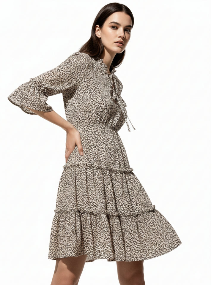 Khaki Front Knot Tiered Dress